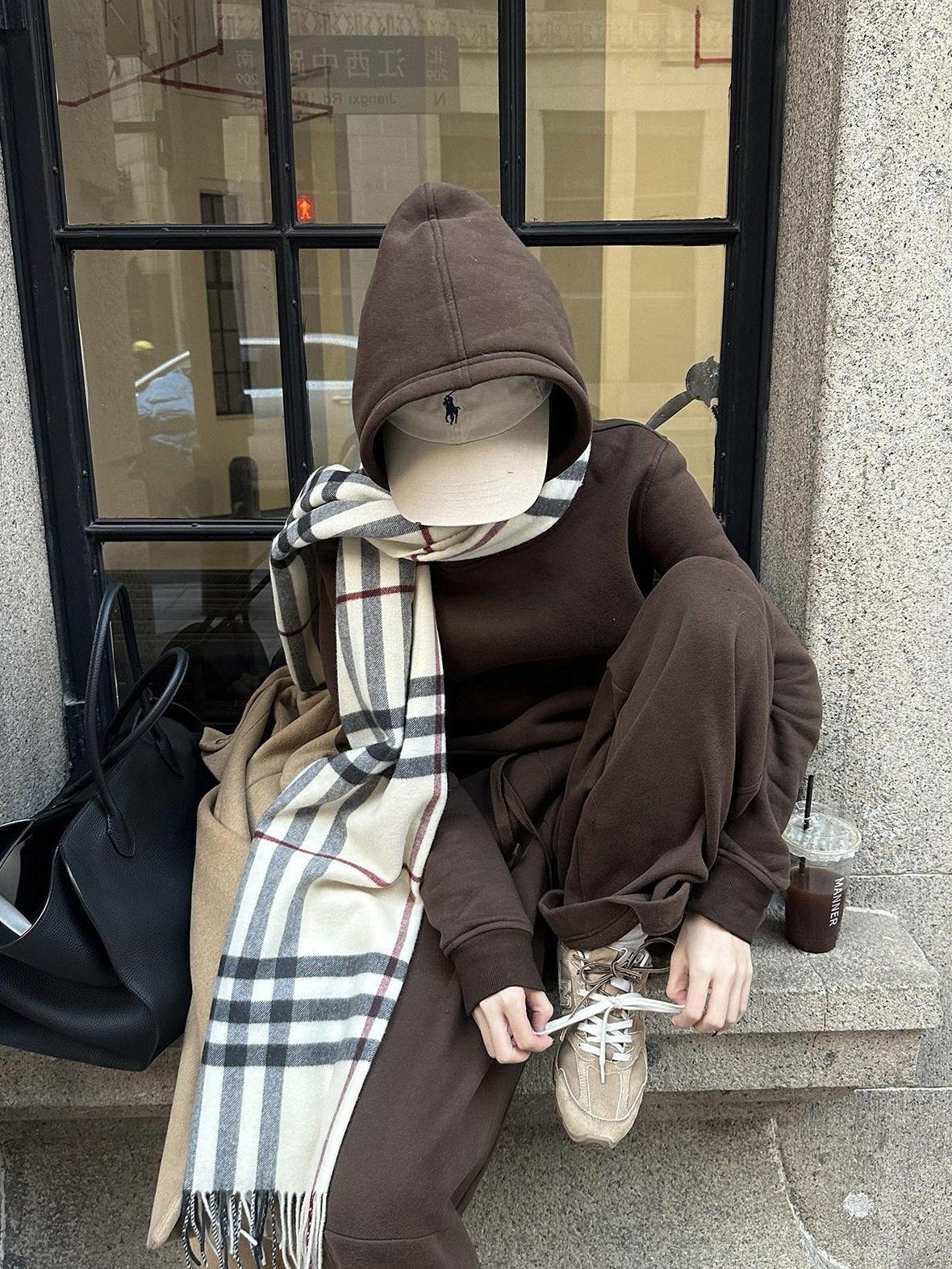 rovente Warm Cotton Blend Loose Fit Hooded Two Piece Casual Women Coffee Hoodie