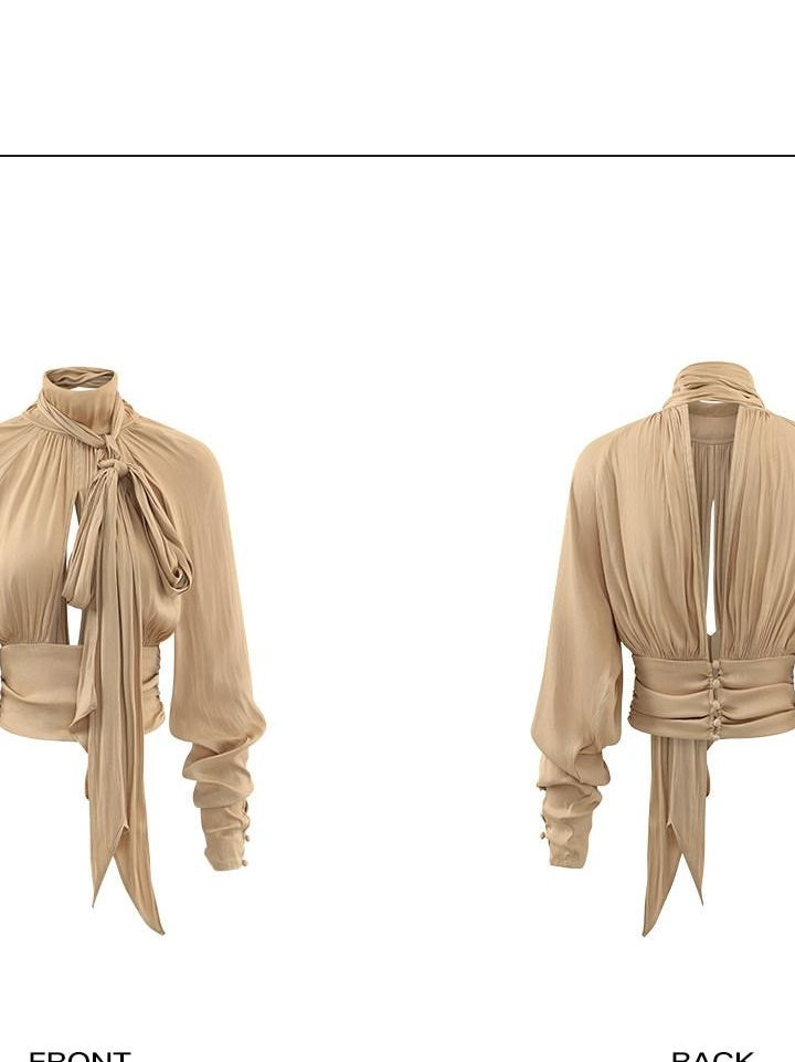rovente Elegant Slim Waist Stand Collar Women Party Nude Polyester Long Sleeve Cop Tops