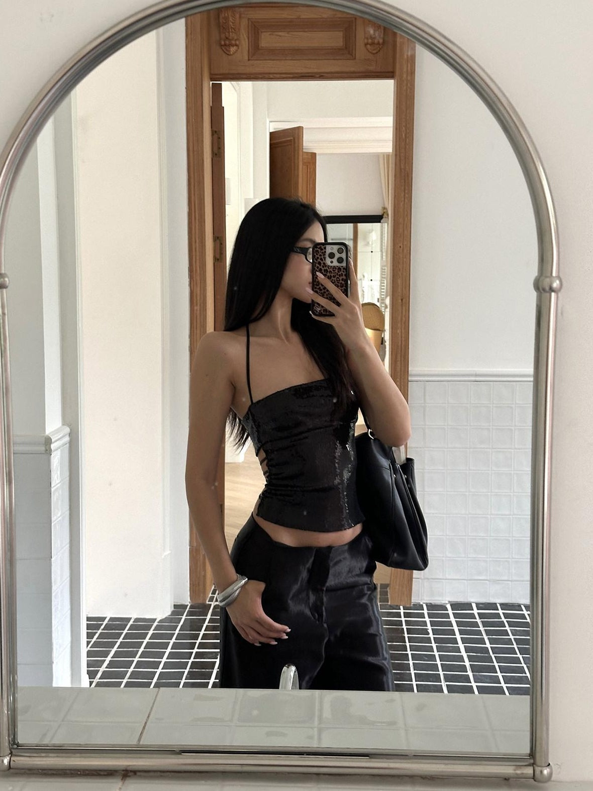 rovente Satin Viscose Minimal Commuter Pockets Natural Waist Women Black Wide Leg Pants