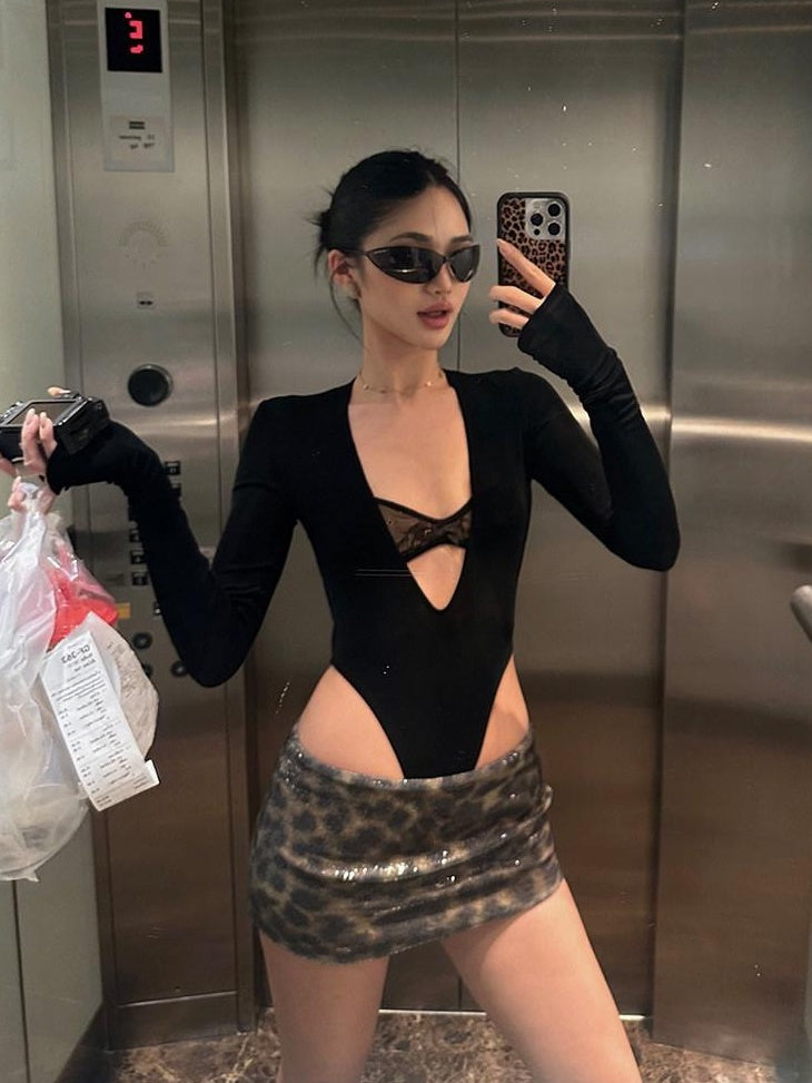 rovente Sexy V-neck Slim Fit Stretch Black Acetate Women Casual Long Sleeve T-Shits