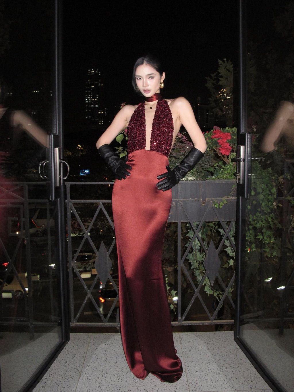 rovente Shimmer Sequin Halter Bodycon Sleeveless Women Evening Red Maxi Desses