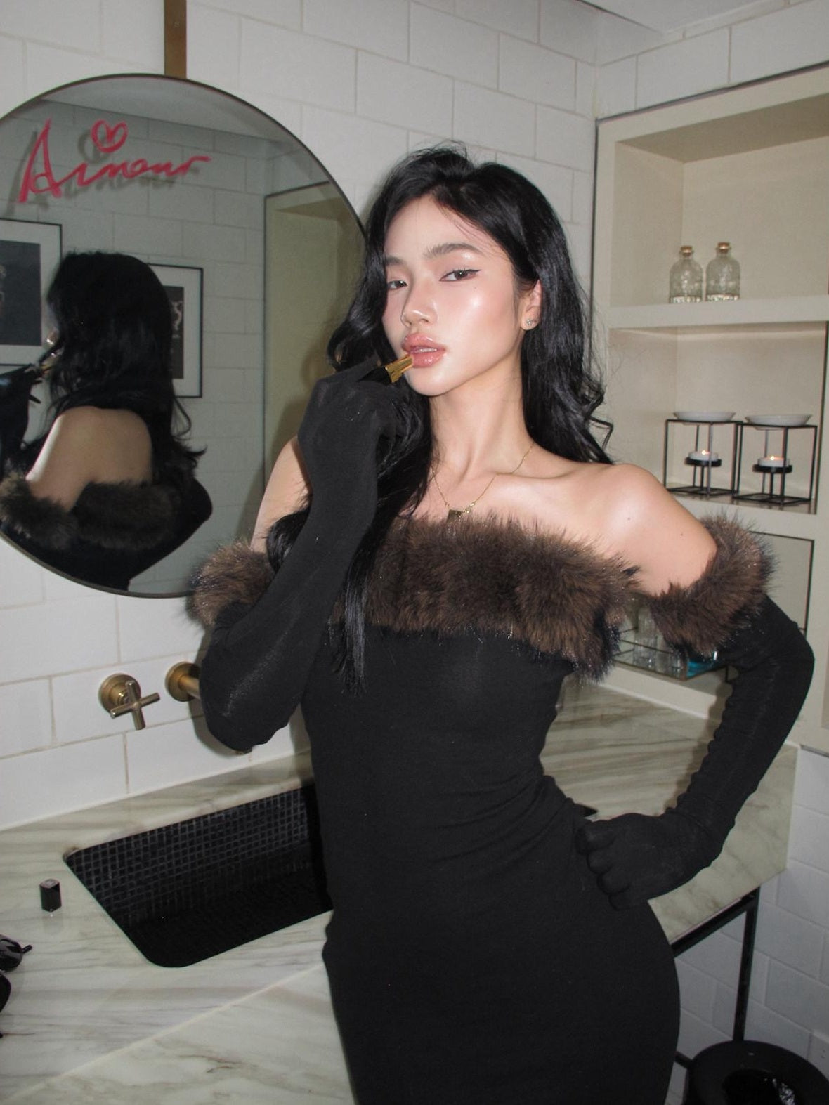 rovente High Stretch Elegant Slim Fit Strapless Knit Black Gloves Included Maxi Desses