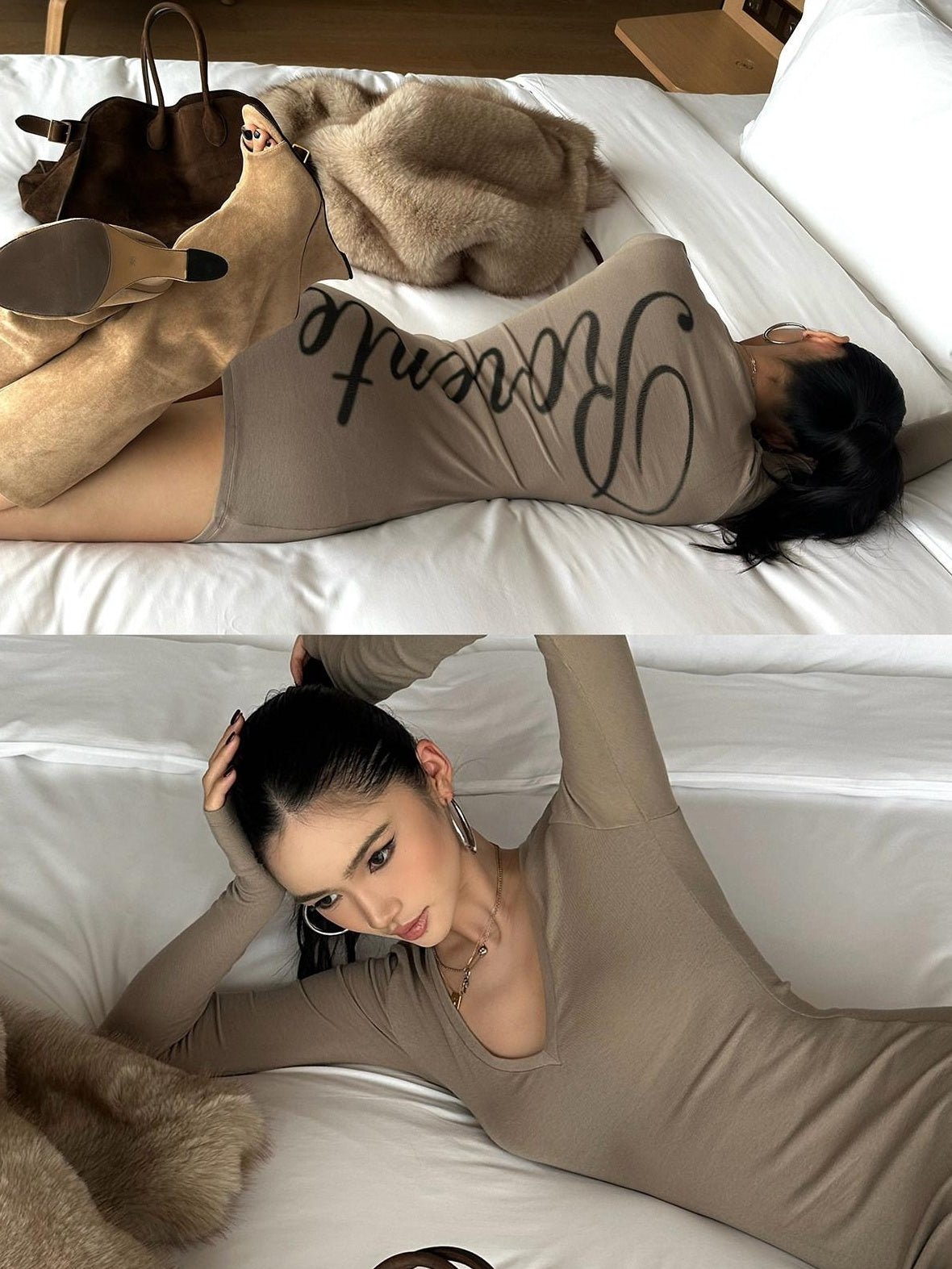 rovente Soft Viscose Blend Slim Elegant V-neck Logo Pullover Women Long Sleeve T-Shits