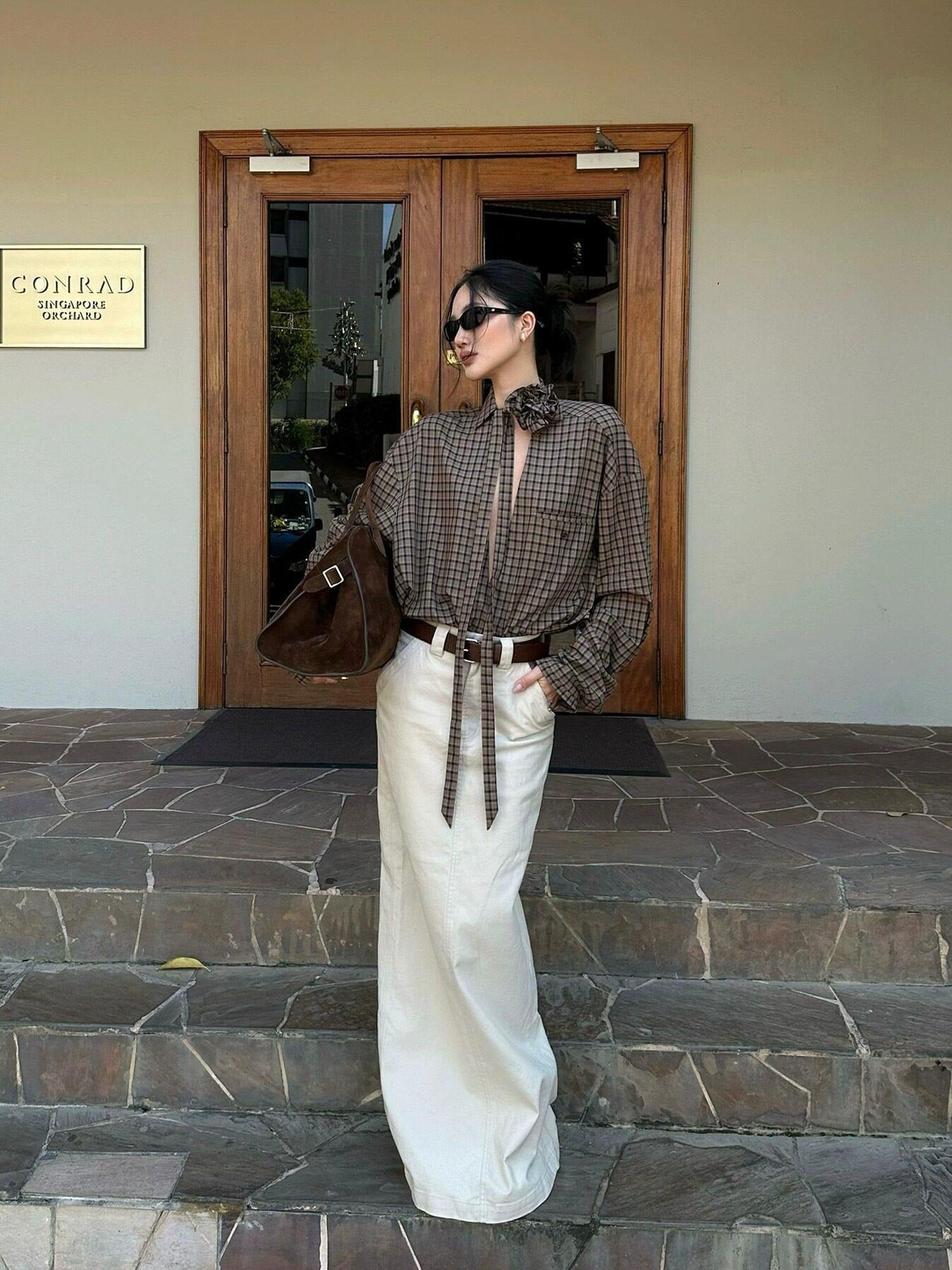 rovente 100 Percent Cotton Mid Waist Straight Side Slit Commuter Women Khaki Maxi Skits