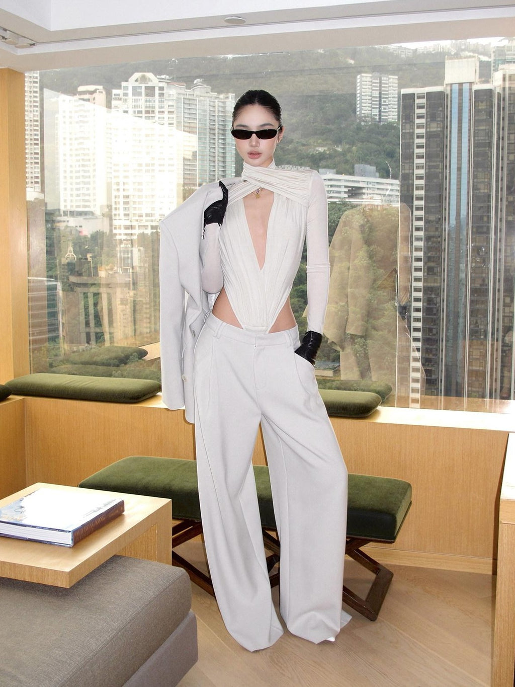 rovente Relaxed Pocket Double Breasted Notch Lapel Women Office White Top & Pants Sets