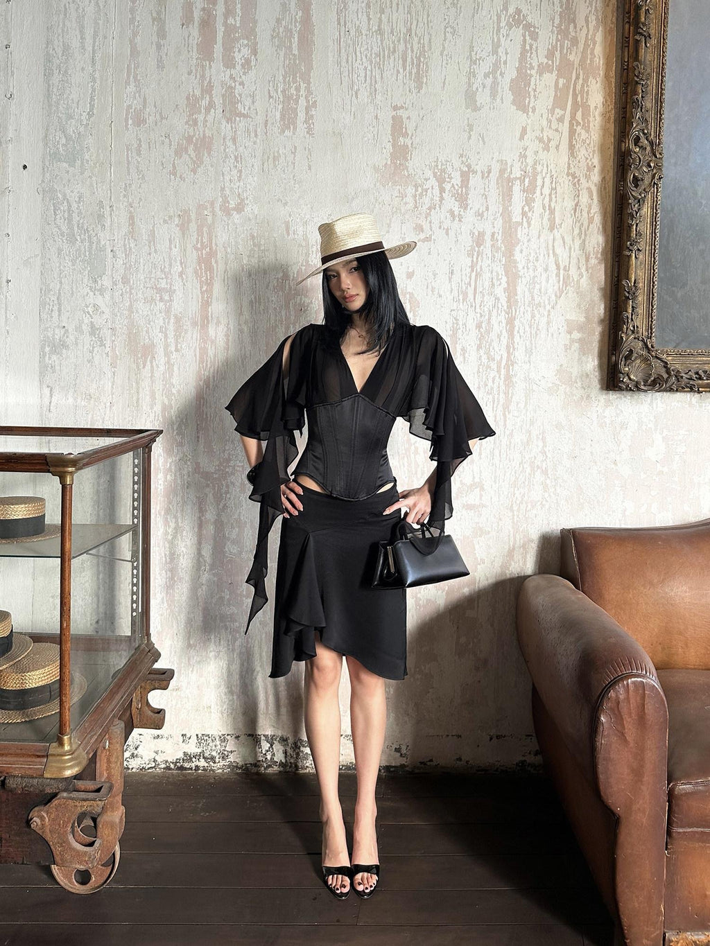 rovente Elegant Lined Asymmetric Low Waist Fishtail Slim Woven Black Midi Skits