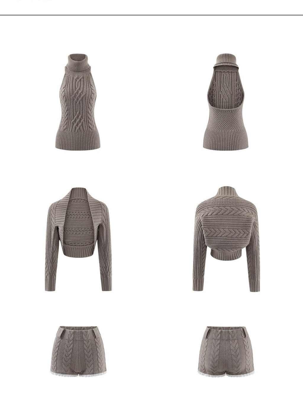 rovente Acrylic Slim Fit Knit High Neck Cardigan Vest Shorts Grey Khaki Top & Shots Sets