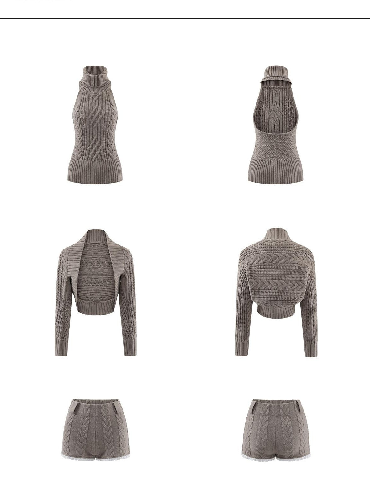 rovente Acrylic Slim Fit Knit High Neck Cardigan Vest Shorts Grey Khaki Top & Shots Sets