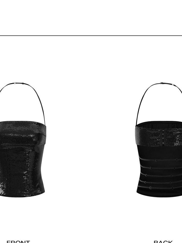 rovente Sparkle Halter Slim Fit Original Design Night Out Black Polyester Camisoles
