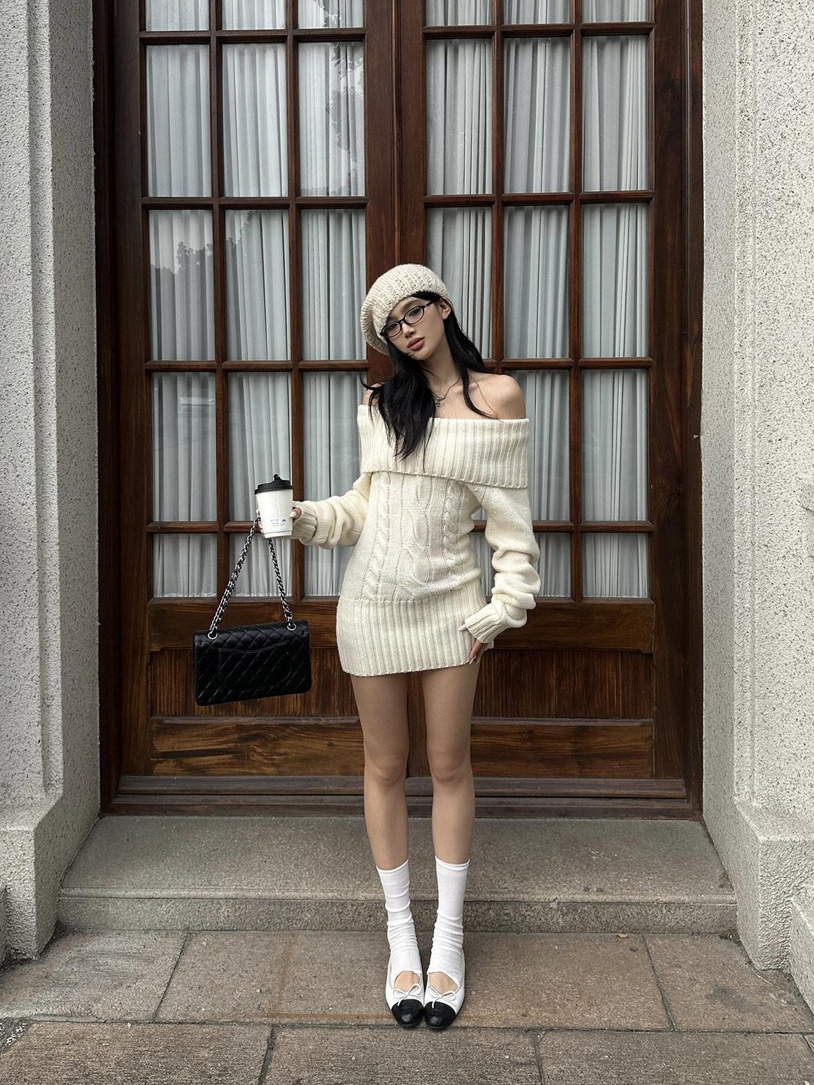 rovente Cozy Knit Off Shoulder Longsleeve Loose Fit Workwear Pullover Almond Mini Desses