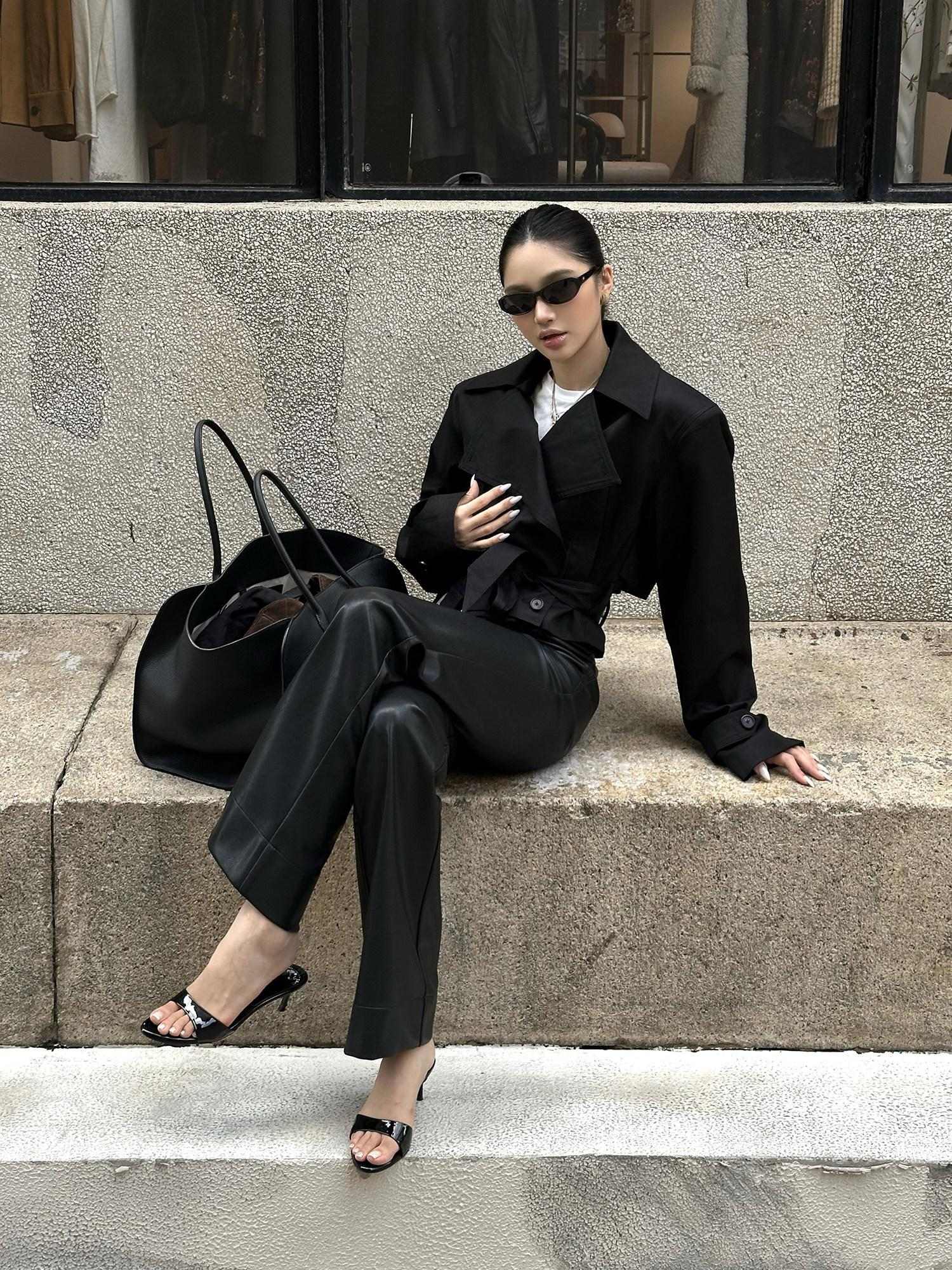 rovente Pure Cotton Relaxed Tie Waist Casual Womens Black Lined Button Shot Coat