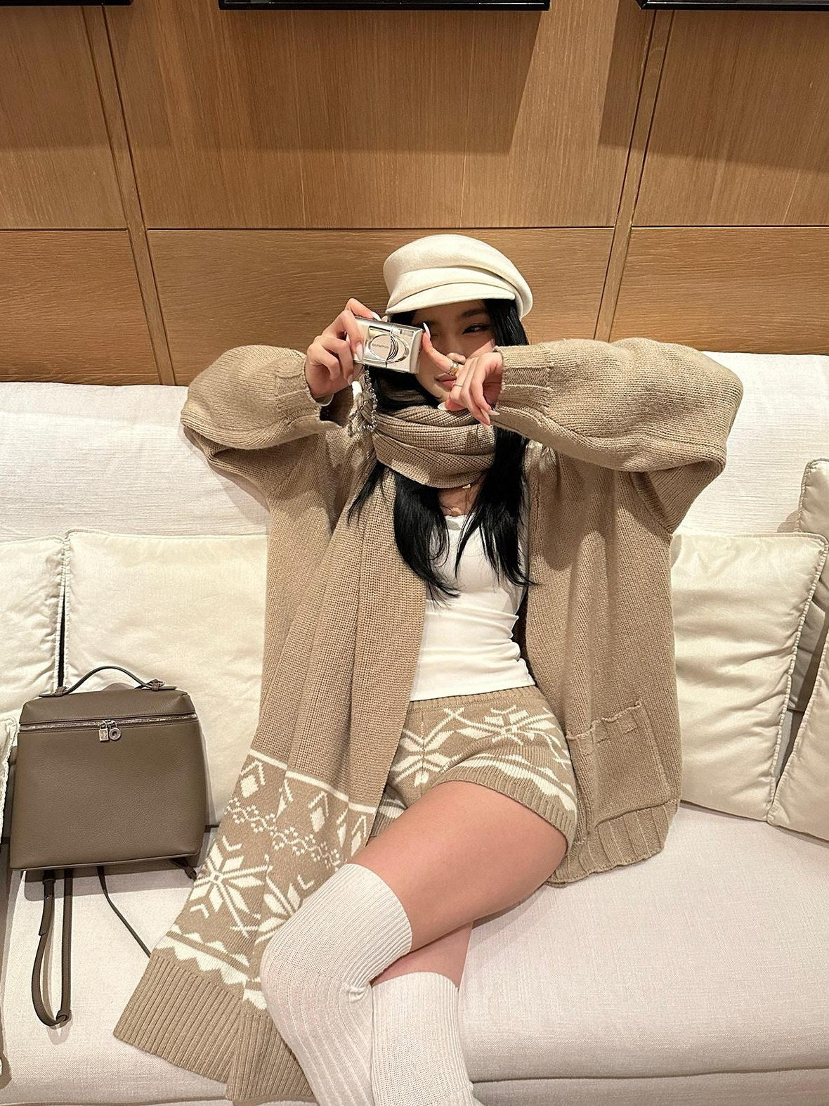 rovente Warm Button Cardigan Loose Commuter Knit Apricot Sweater Shorts Top & Shots Sets