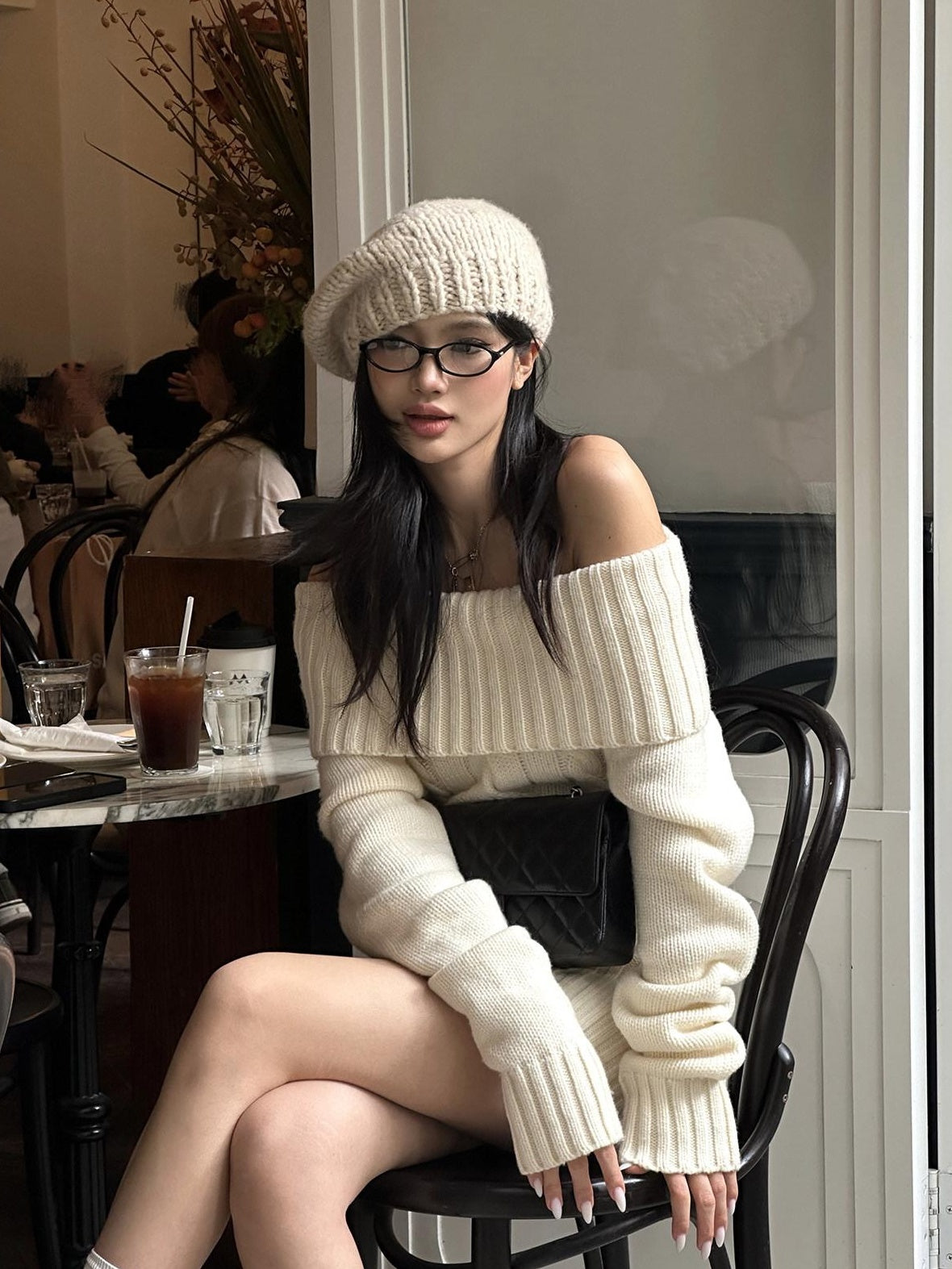 rovente Cozy Knit Off Shoulder Longsleeve Loose Fit Workwear Pullover Almond Mini Desses