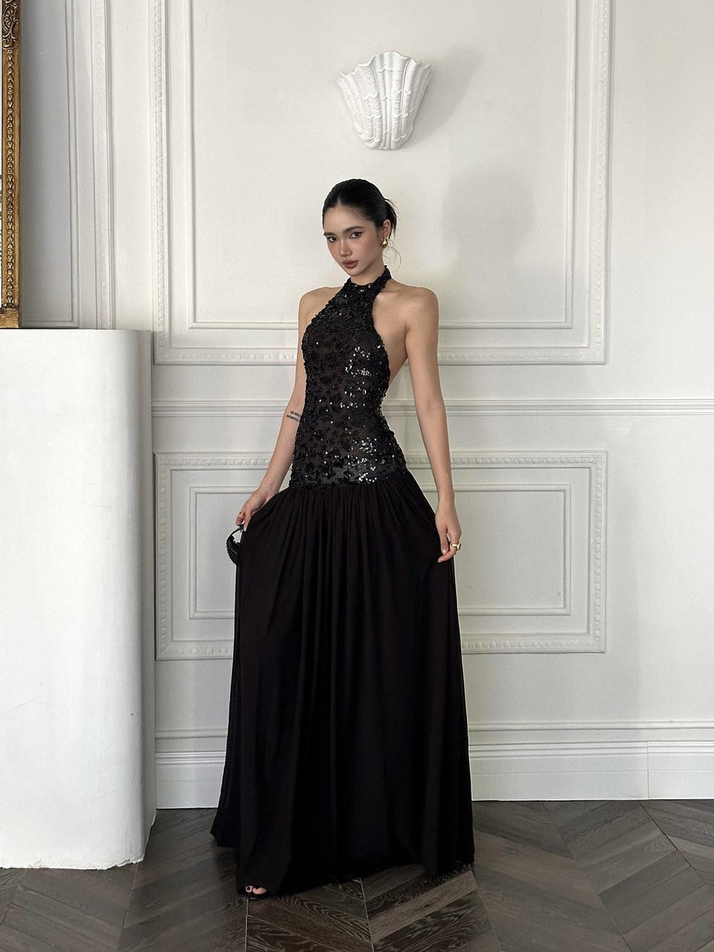 rovente test Shimmer Sequin Halter Neck Natural Waist Banquet Black Stretch Maxi Dresses