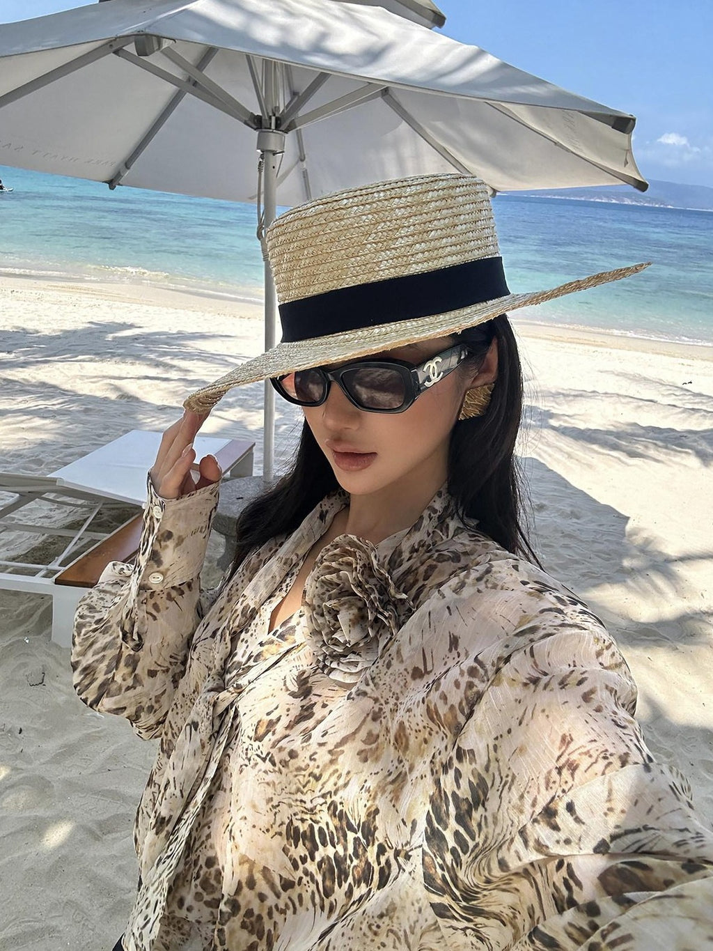 rovente Cooling Lightweight Loose Tie Neck Long Sleeve Leopard Print Women Office Shits
