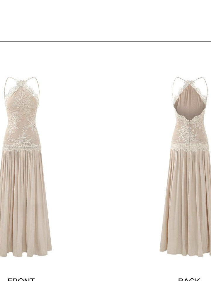 rovente Elegant High Waist Lace A Line Cami Knit Dress Date Women Apricot Maxi Desses