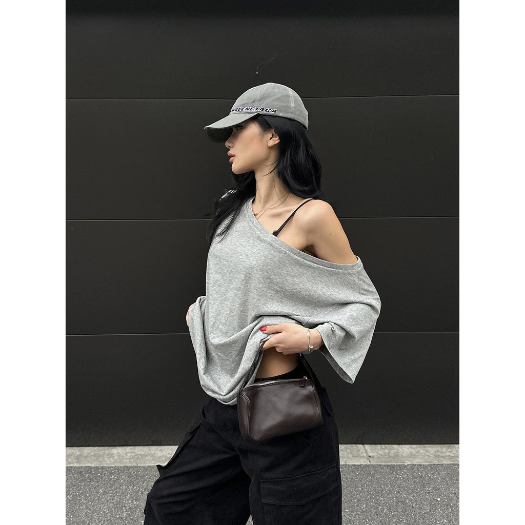 rovente_Cotton_Blend_Loose_One_Shoulder_Slanted_Neck_For_Women_Gray_Shot_Sleeve_T-Shits_MISSTT