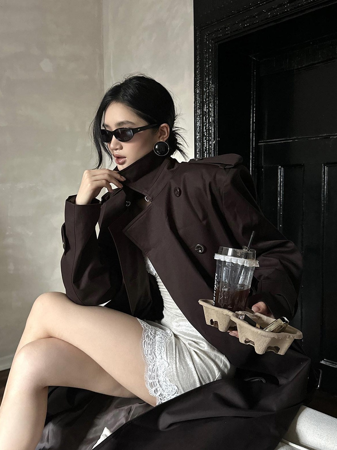 rovente Pure Cotton Longline Commuter Straight Cut Stand Collar Coffee Brown Tench Coats