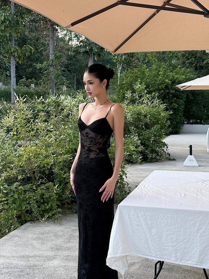 rovente Elegant High Waist V-neck Sleeveless Bodycon Travel Black Stretch Maxi Desses