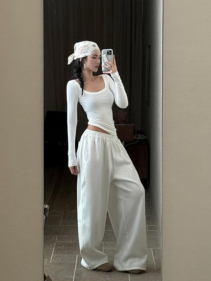 rovente Versatile Low Rise Elastic Waist Cotton White Loose Women Wide Leg Pants