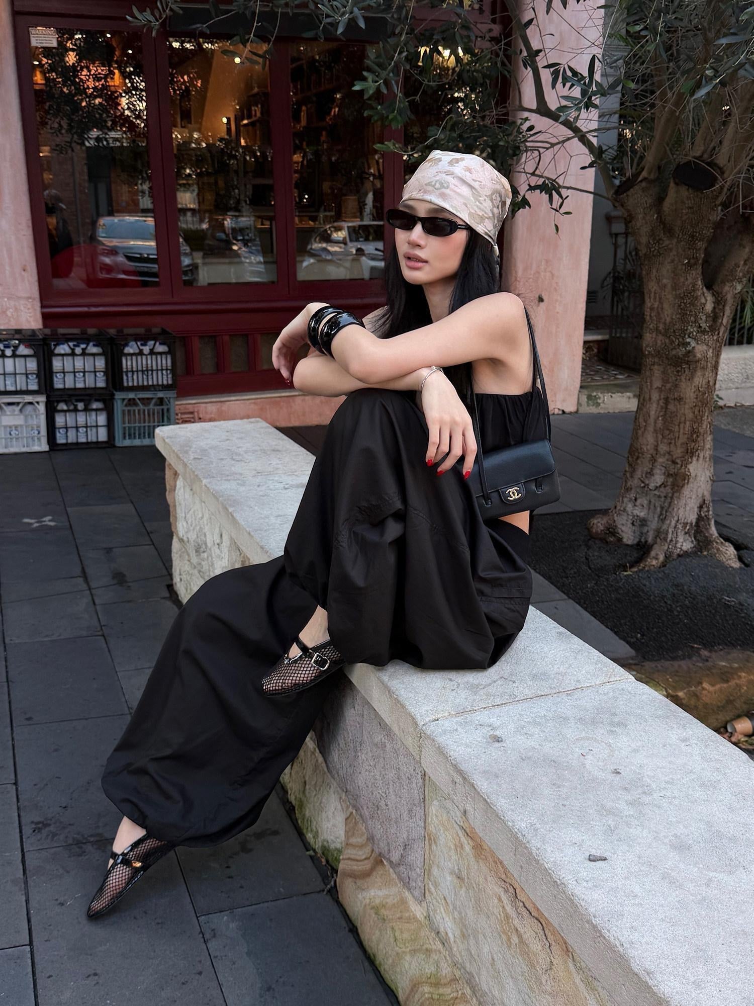 rovente Lyocell Blend Casual Minimal Elastic Waist Pockets Women Black Wide Leg Pants