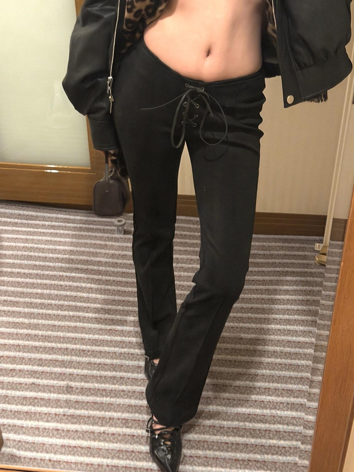 rovente Minimal Slim Low Tie Waist Solid Black 3D Detail Micro Stretch Staight Pants