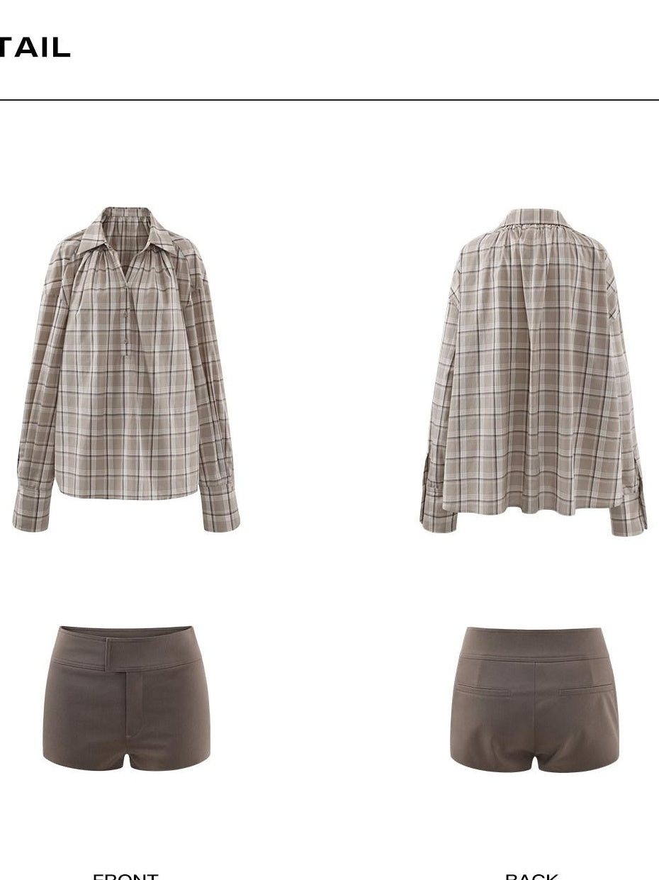 rovente Simple Loose Fit V-neck Long Sleeve Cotton Plaid Tie Front Women Shits