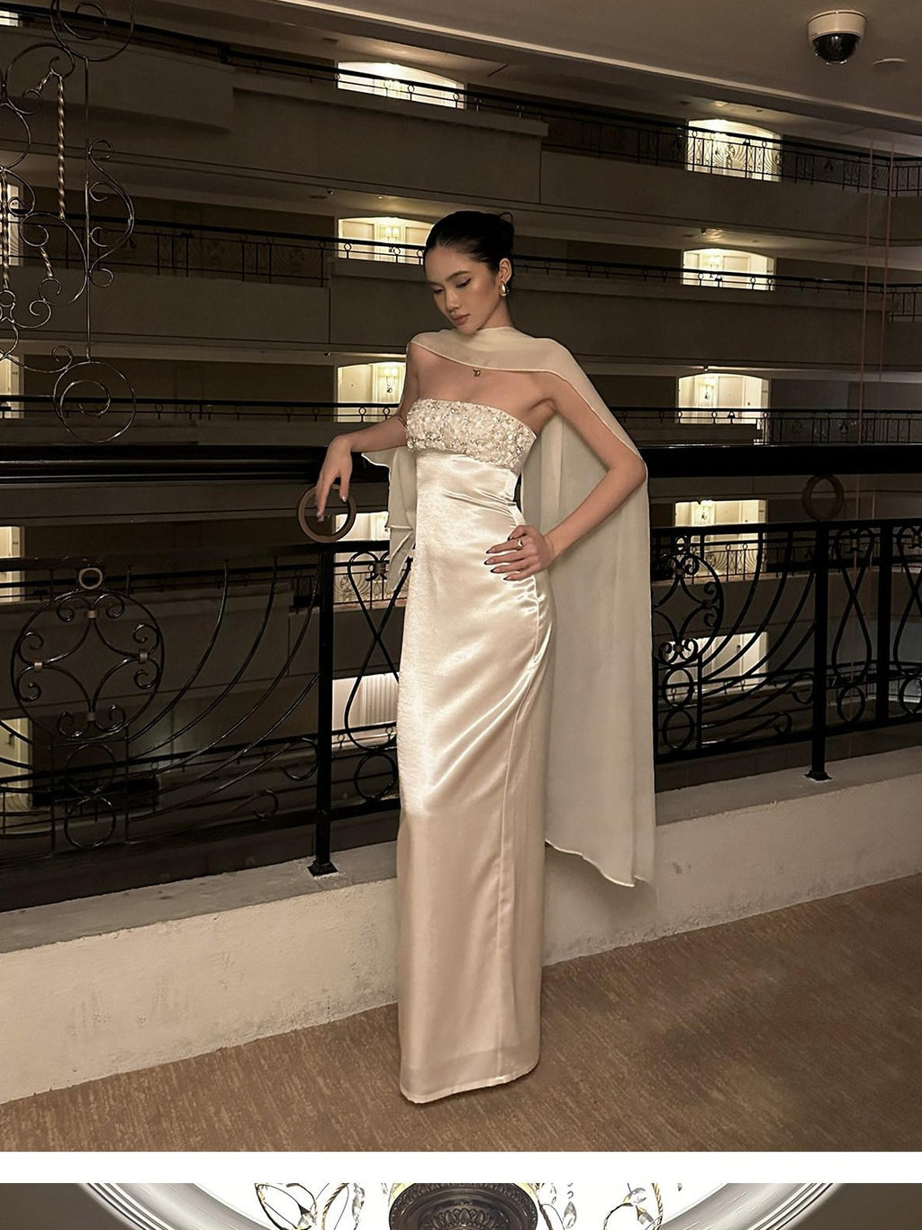 rovente test Elegant Sequin Strapless Natural Waist Fitted Zipper White Maxi Dresses