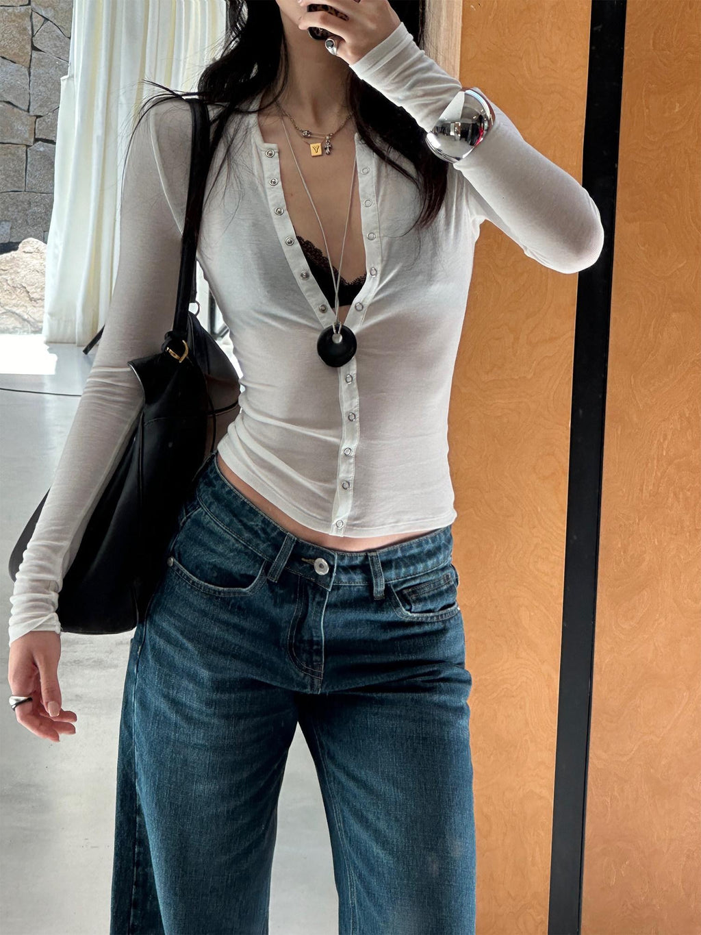 rovente Wool Cashmere Slim Knit Open Front Round Neck Women White Long Sleeve T-Shits