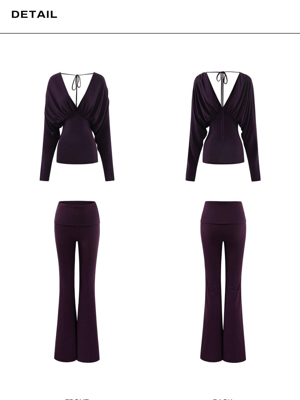 rovente Lyocell Wool Knit Slim V-neck Casual Women Purple Black Top & Pants Sets