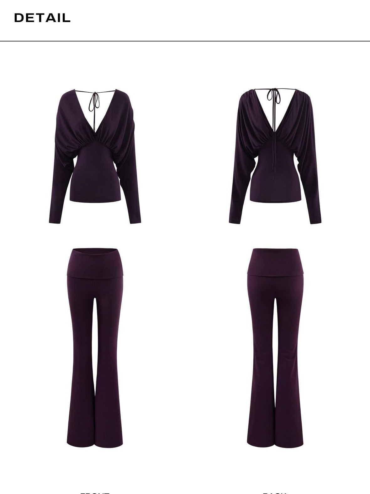 rovente Lyocell Wool Knit Slim V-neck Casual Women Purple Black Top & Pants Sets
