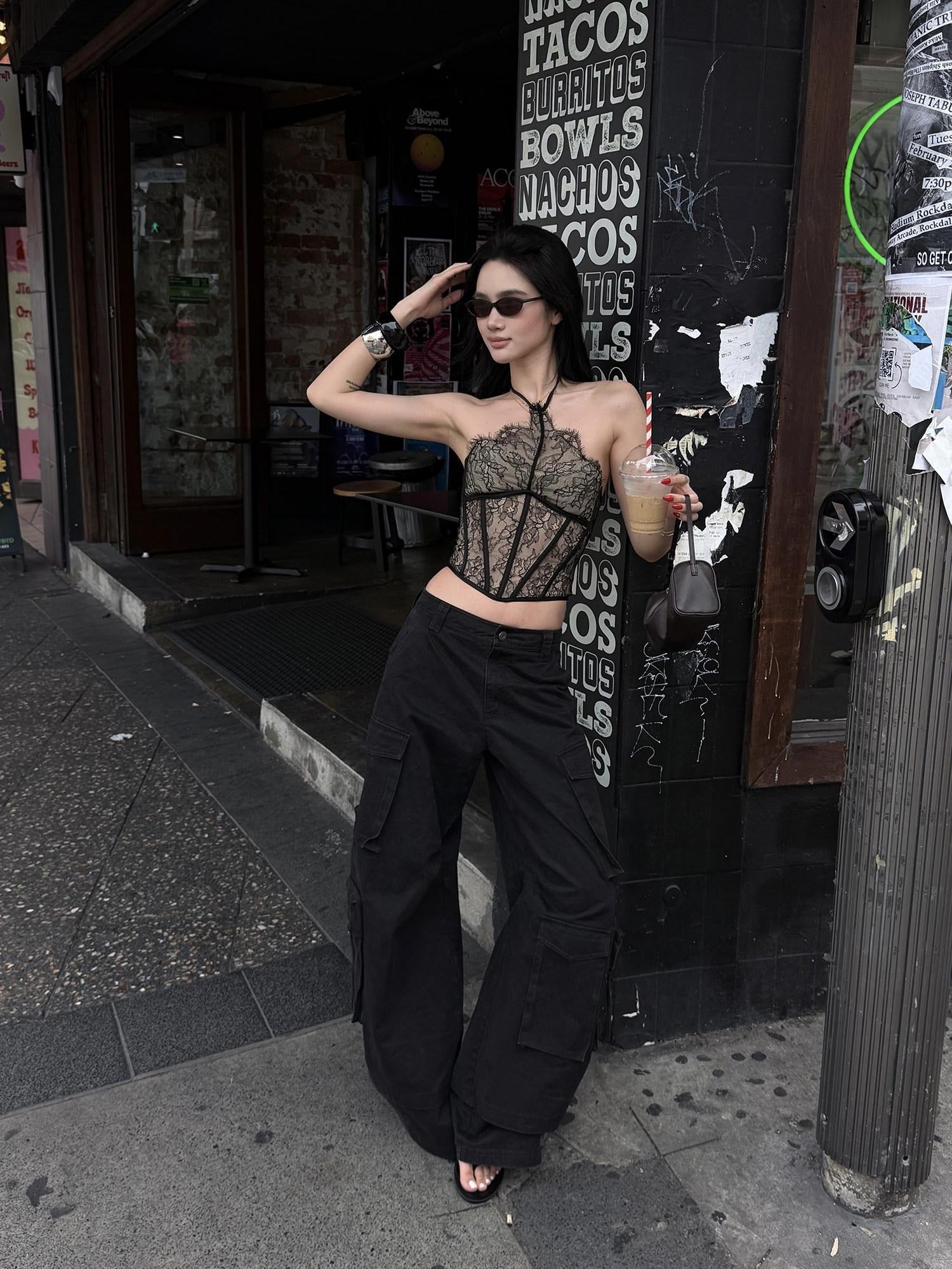 rovente Breathable Lace Padded Slim Fit Womens Travel Black Nylon Camisoles
