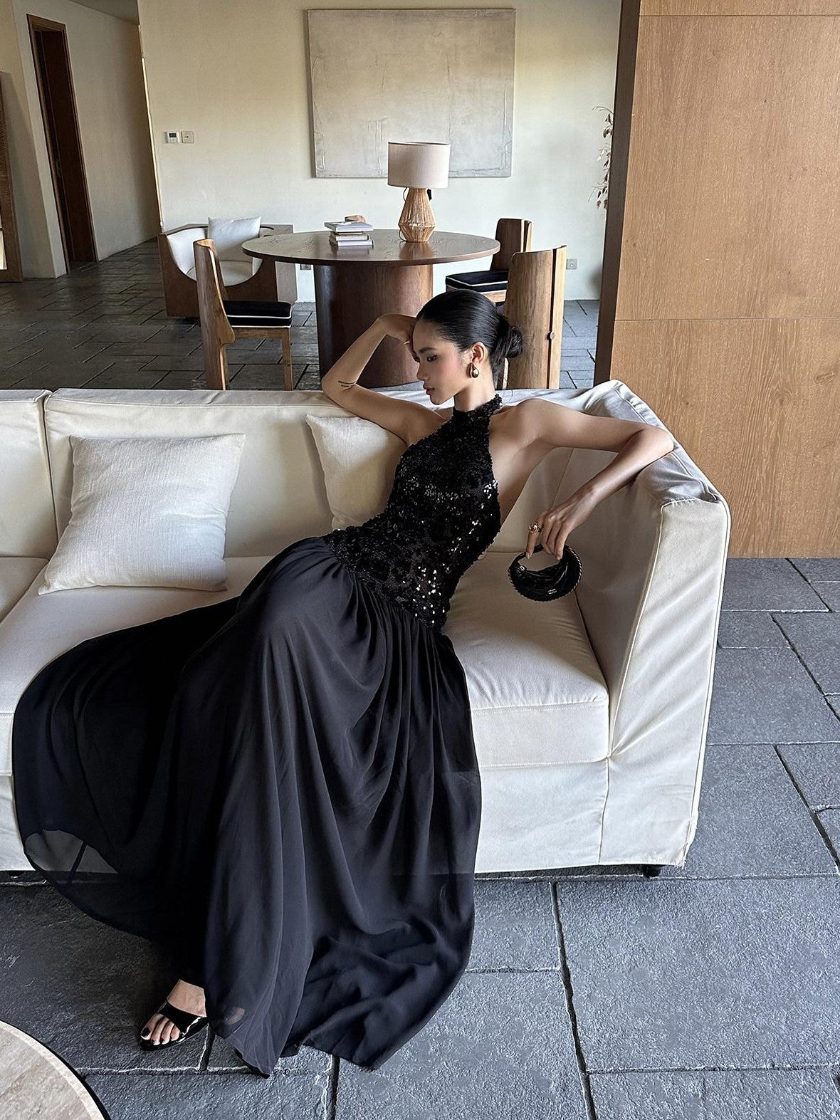 rovente Elegant Sequin Halter Natural Waist Party Black Stretch Maxi Desses