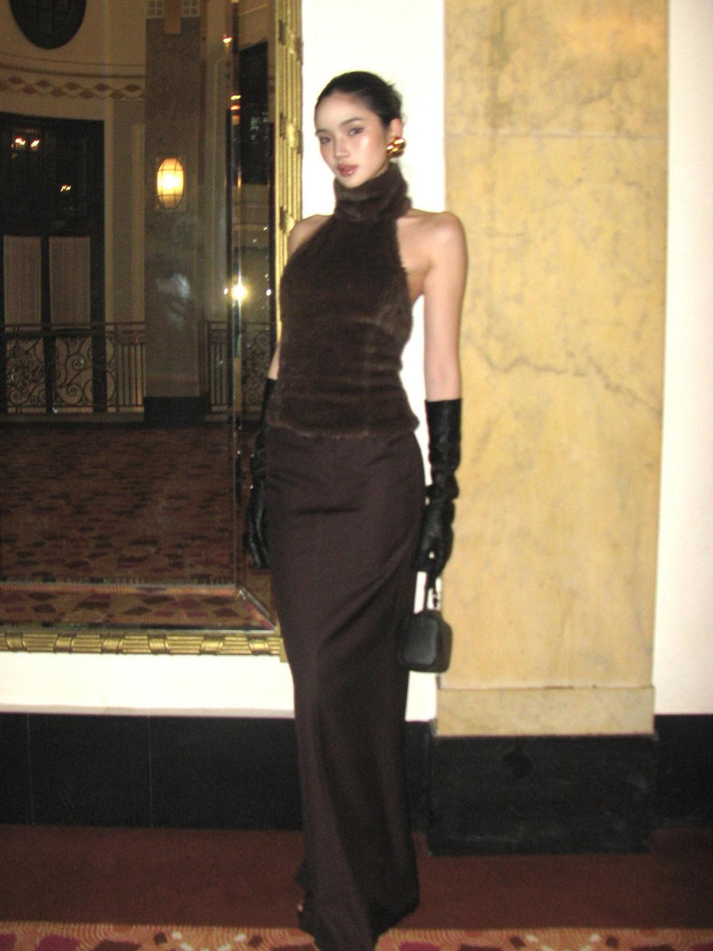 rovente Lined Back Slit Minimalist Low Waist Pencil Skirt With Pockets Brown Maxi Skits