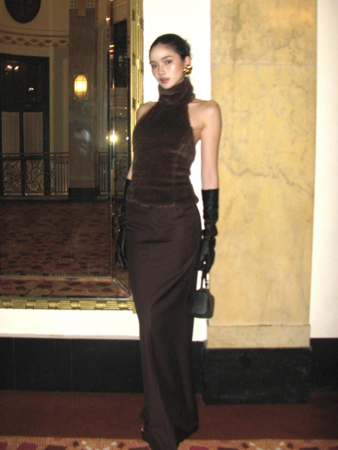 rovente Lined Back Slit Minimalist Low Waist Pencil Skirt With Pockets Brown Maxi Skits