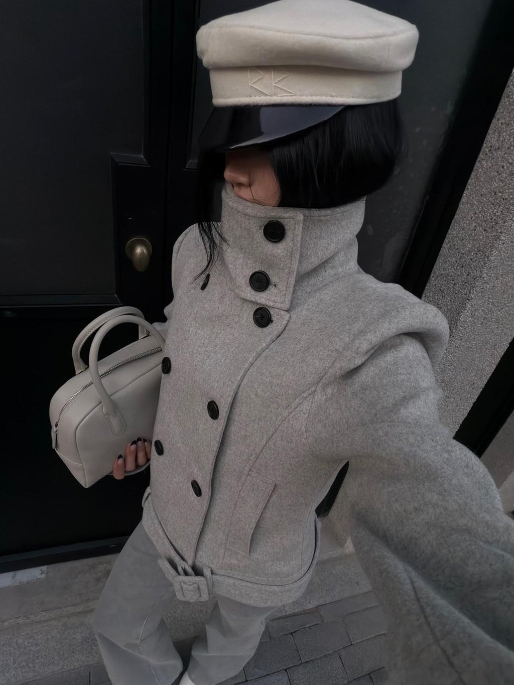 rovente Wool Blend Warm Minimal Loose Commuter Double Breasted Stand Collar Shot Coat
