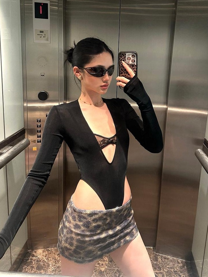 rovente Sexy V-neck Slim Fit Stretch Black Acetate Women Casual Long Sleeve T-Shits