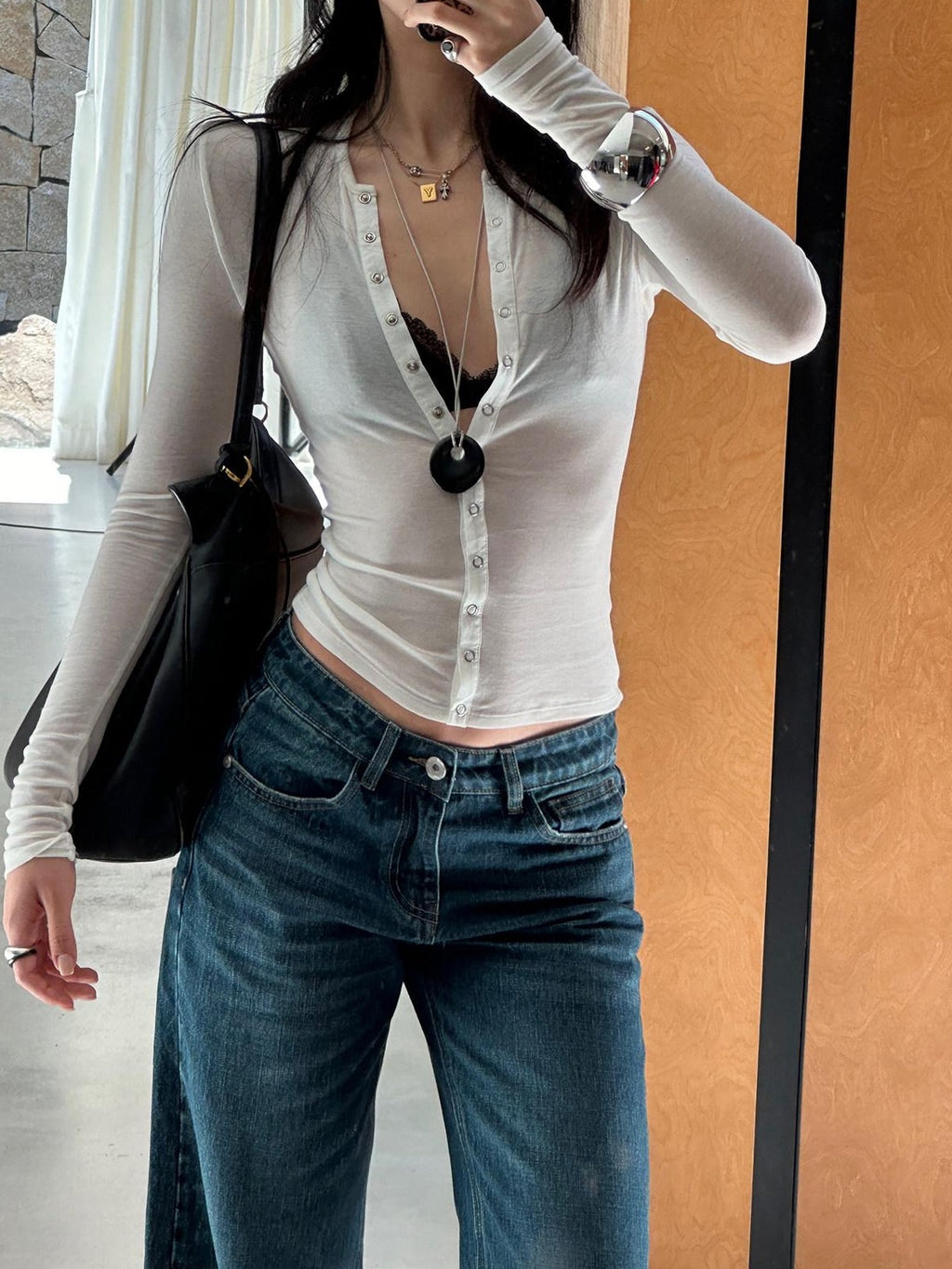rovente Wool Cashmere Slim Knit Open Front Round Neck Women White Long Sleeve T-Shits