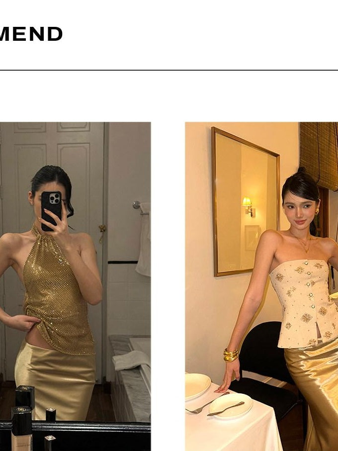 rovente Elegant Low Waist Slim Pencil Lined Zipper Party Gold Polyester Maxi Skits