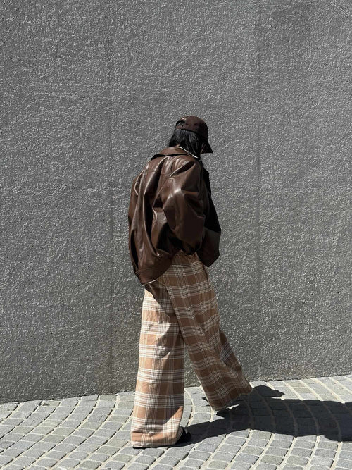 rovente 100% Cotton Plaid Casual Relaxed Zipper Natural Waist Women Wide Leg Pants