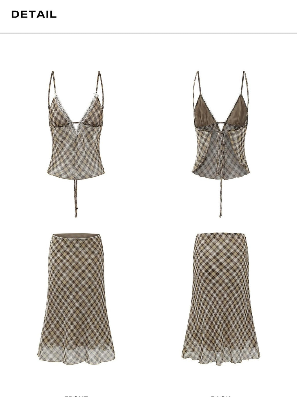 rovente Brown Plaid V-neck Two Piece Cami Skirt Set For Women Top & Skit Sets
