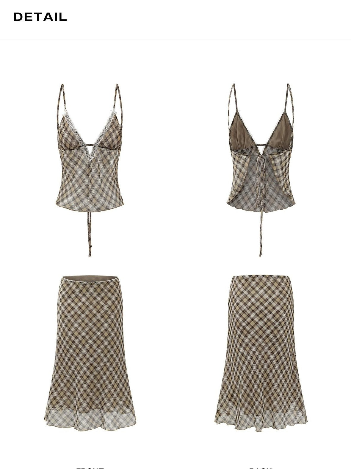 rovente Brown Plaid V-neck Two Piece Cami Skirt Set For Women Top & Skit Sets