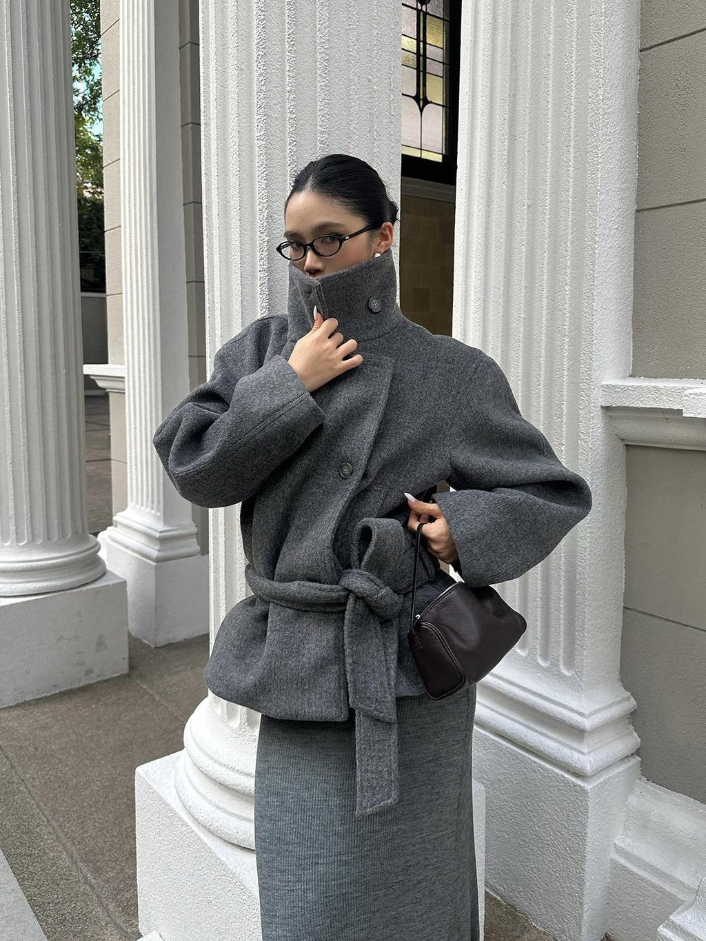 rovente Warm Thick Stand Collar Loose Korean Pocket Women Dark Gray Wool Coats