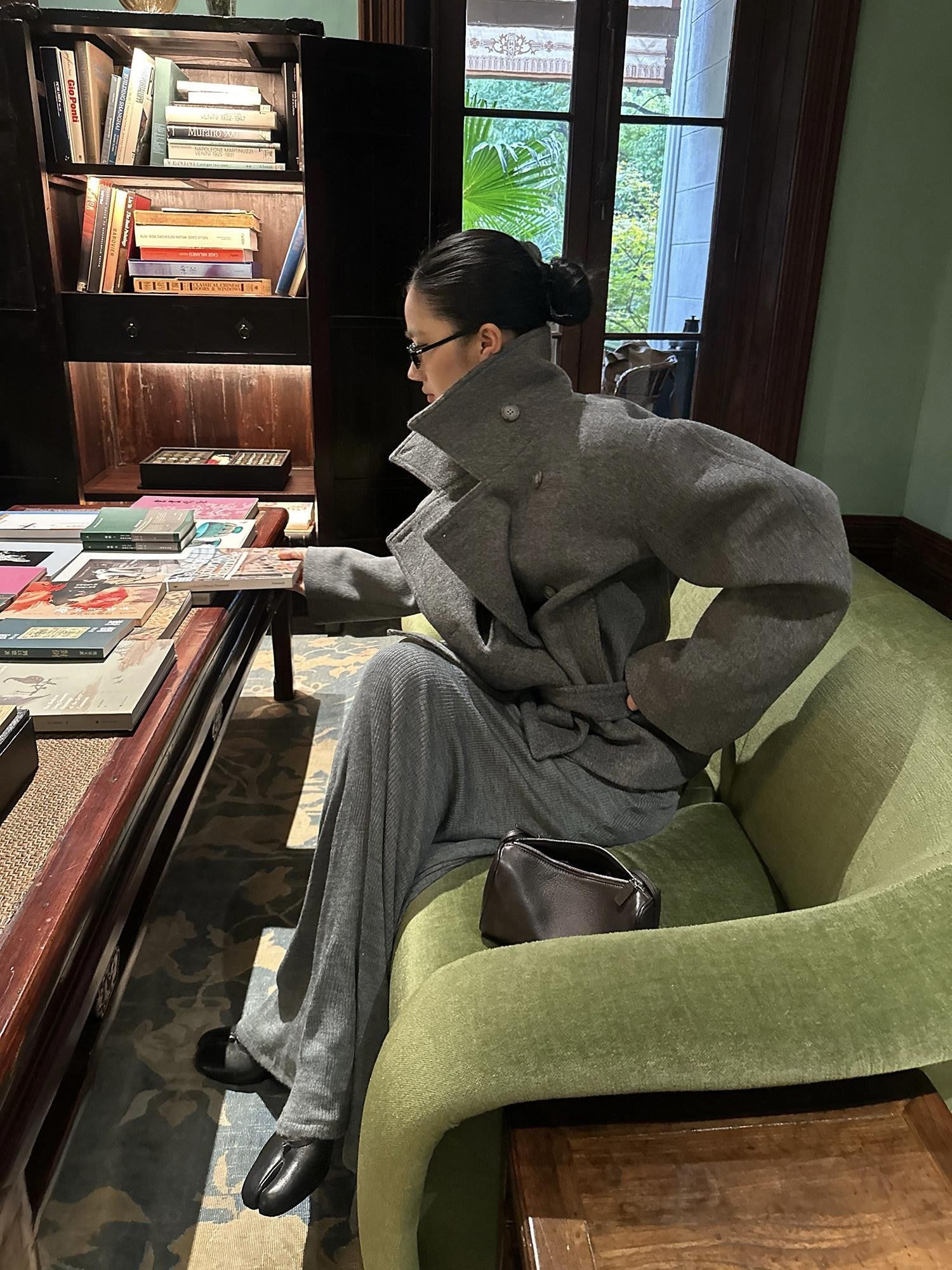 rovente Warm Thick Stand Collar Loose Korean Pocket Women Dark Gray Wool Coats