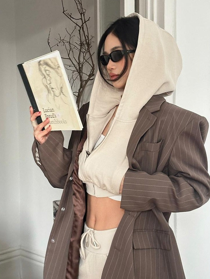 rovente High Waist Cropped Hooded Zipper Cotton Khaki Women Long Sleeve Cop Tops