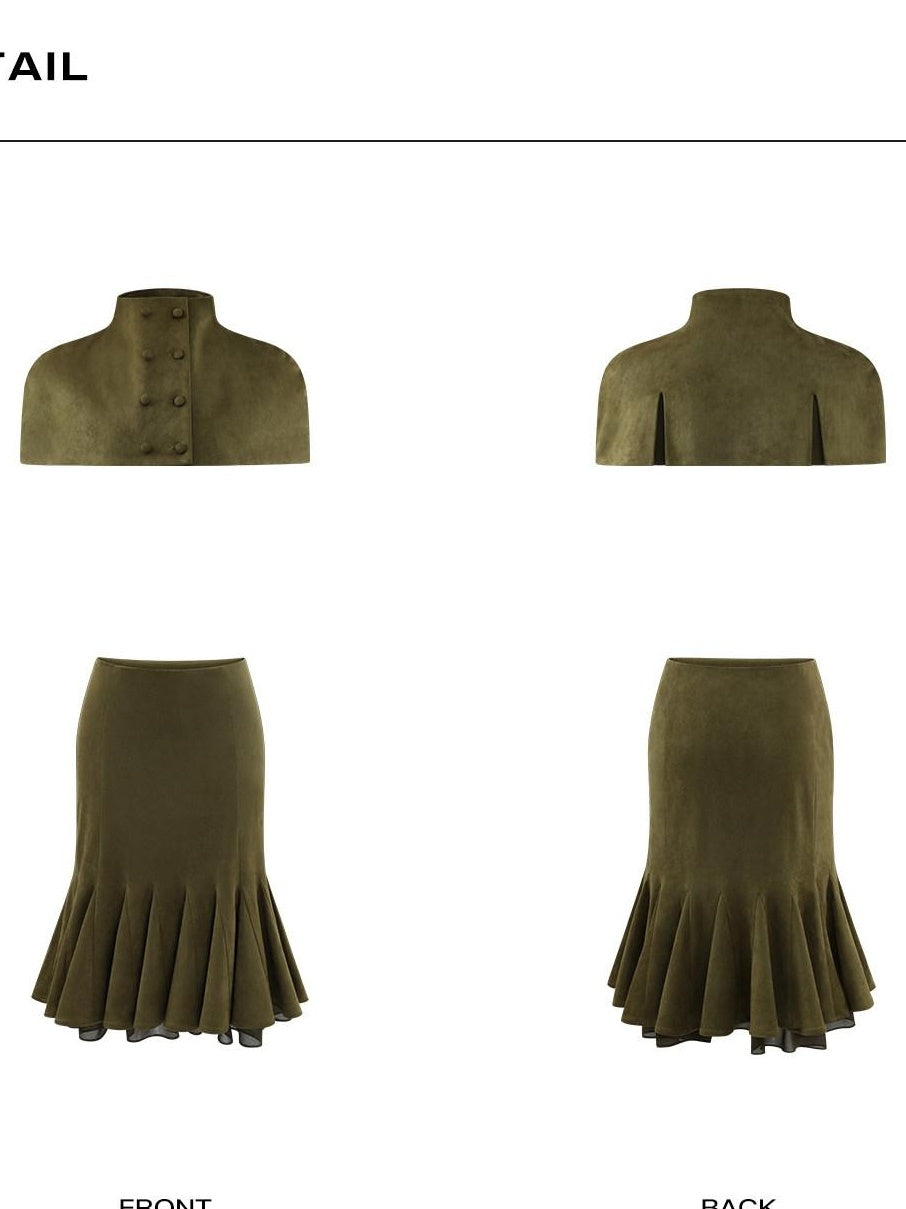 rovente Asymmetrical Cape Low Waist Skirt Slim High Neck Women Green Top & Skit Sets