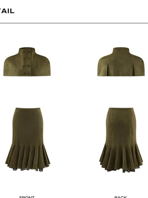 rovente Asymmetrical Cape Low Waist Skirt Slim High Neck Women Green Top & Skit Sets
