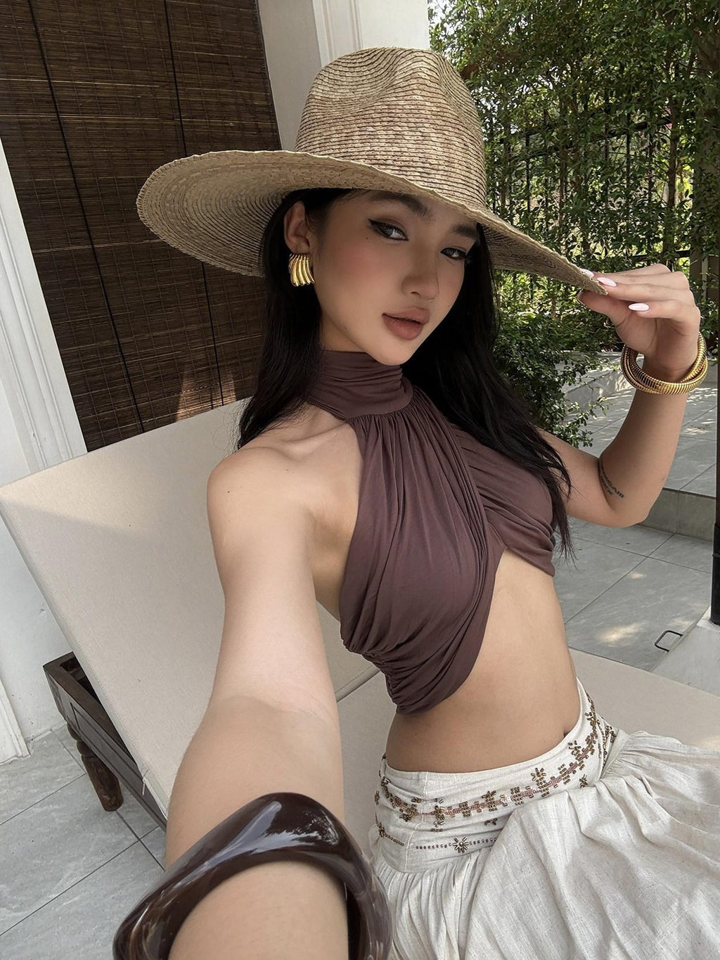 rovente Soft Modal Stretch Slim Halter Neck Cropped Solid Coffee Brown Camisoles