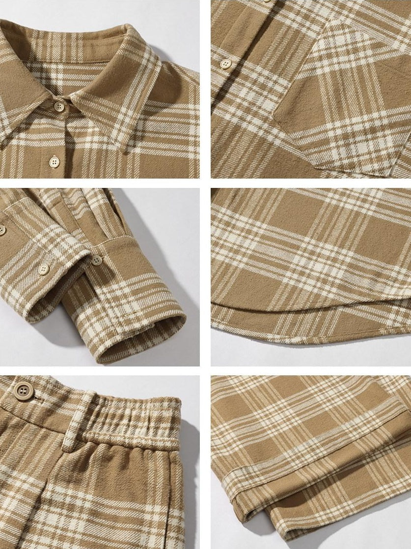 rovente 100 Percent Cotton Loose Plaid Button Long Sleeve Casual Women Top & Pants Sets