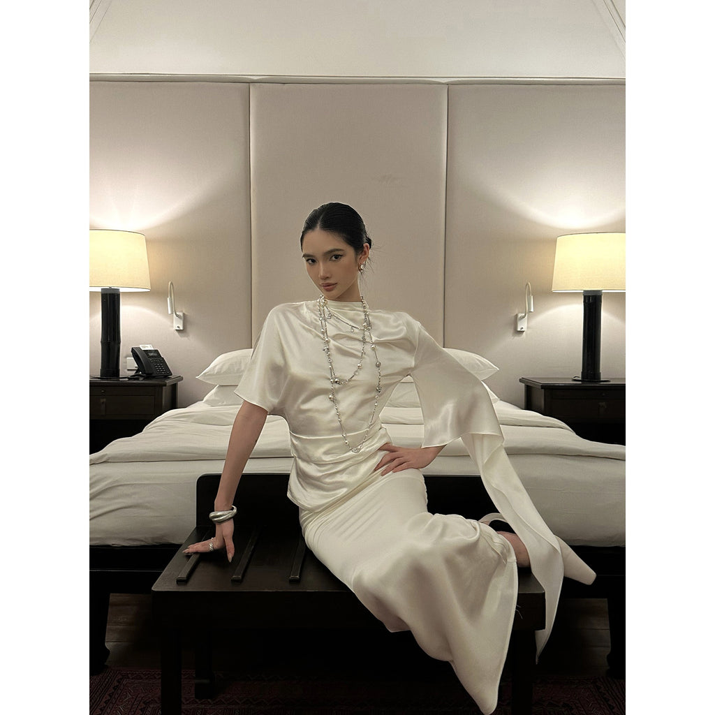 rovente_Elegant_Slim_Woven_White_Short_Sleeve_Stand_Collar_Women_Banquet_Top_&_Skit_Sets_MISSTT